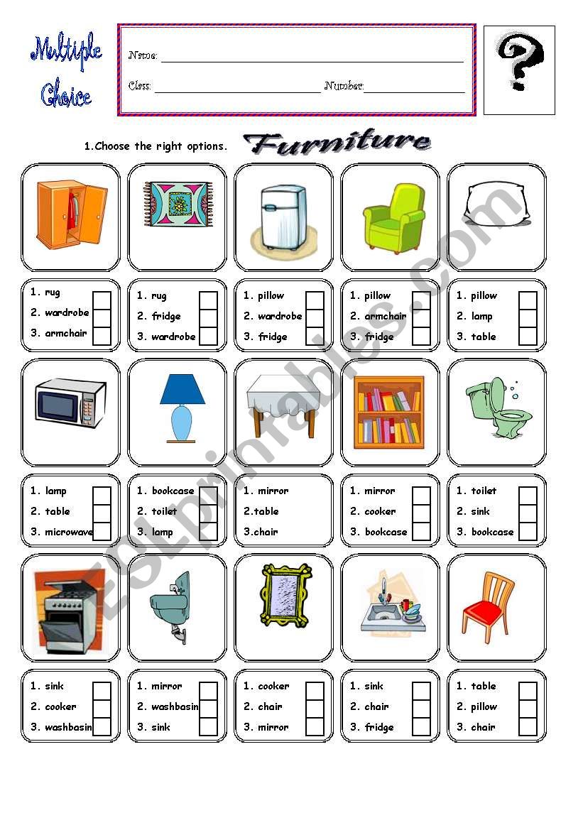 Furniture In English Worksheet