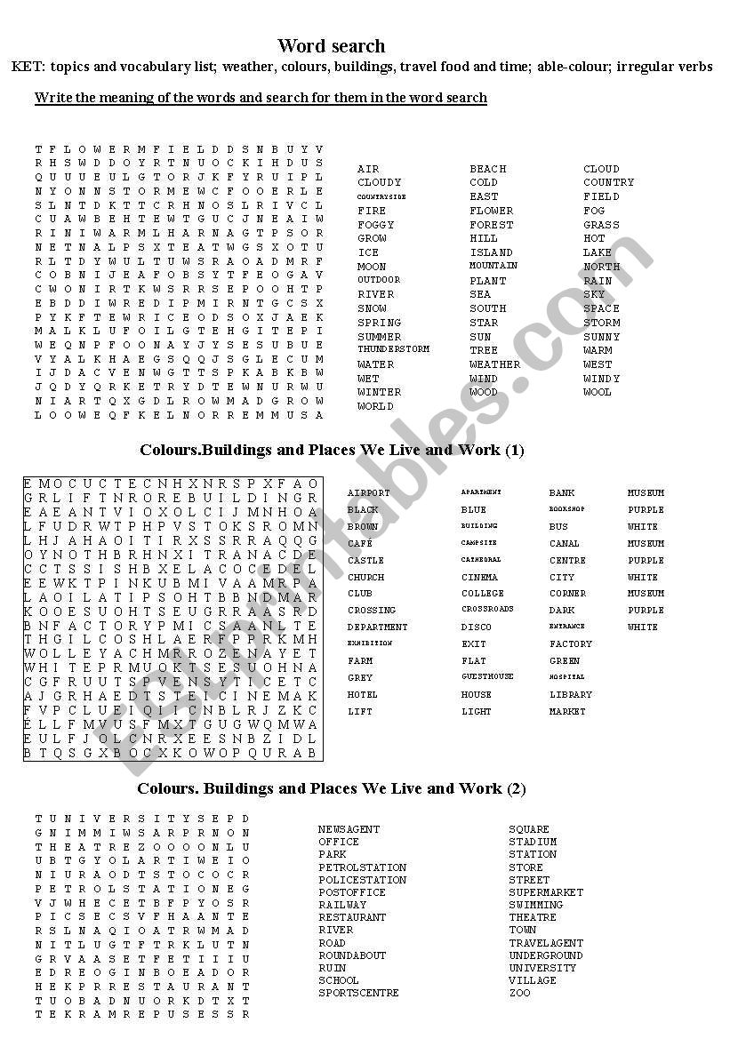 Word searches: vocabulary from KET list and irregular verbs. Tests (1)