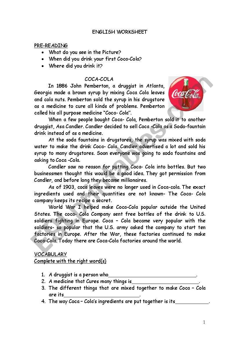 COCA COLA worksheet