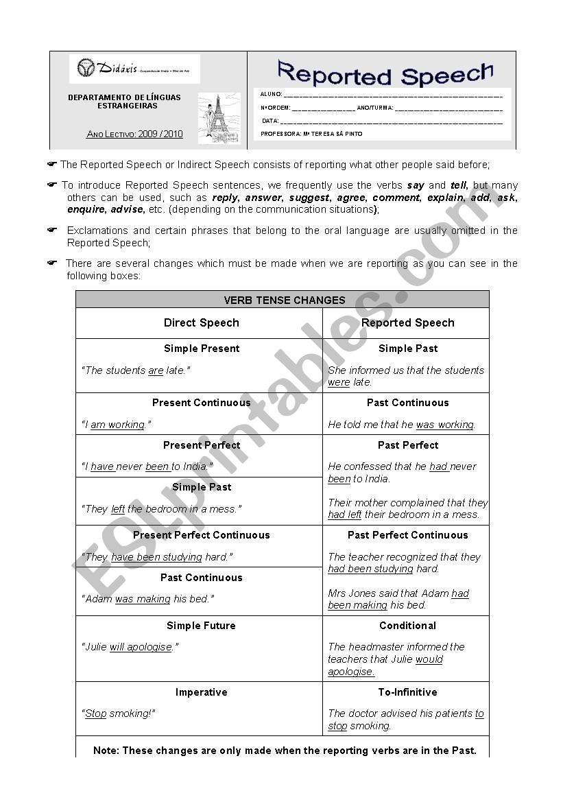 Reported Speech worksheet