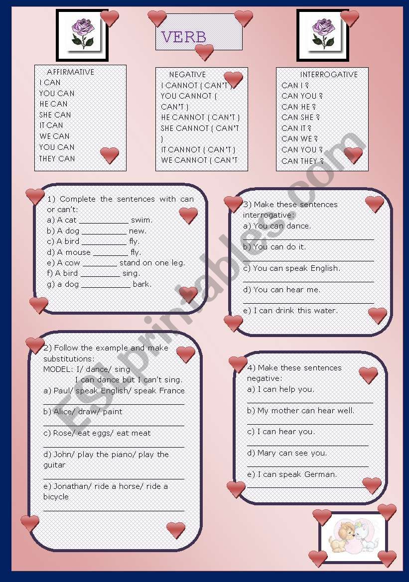 Verb can worksheet