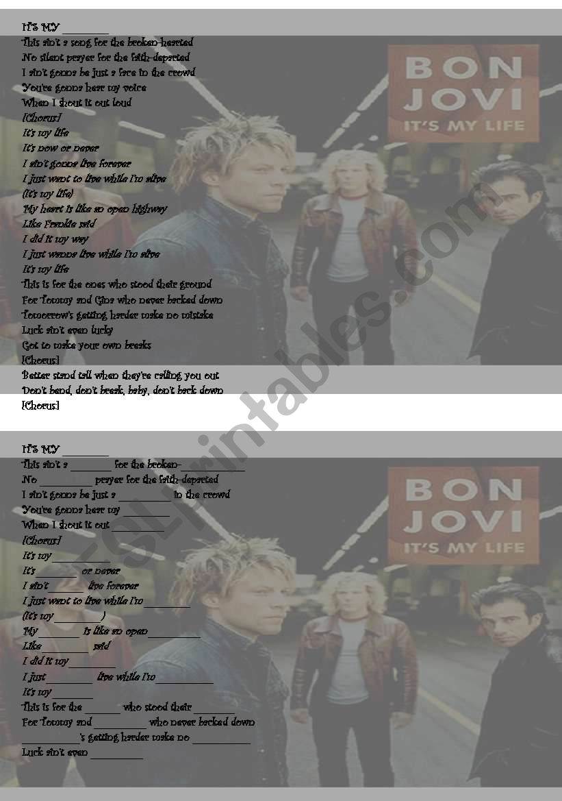Its my life. Bon Jovi worksheet