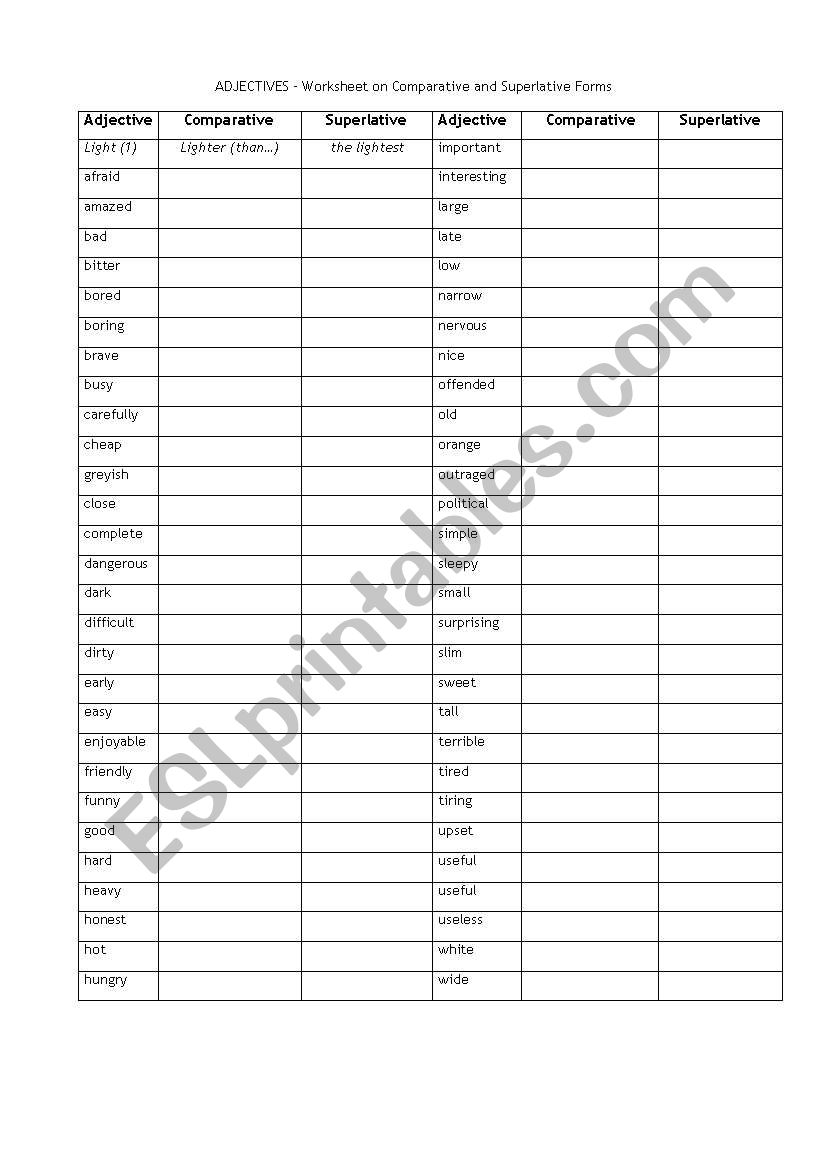 comparison of adjectivrs worksheet