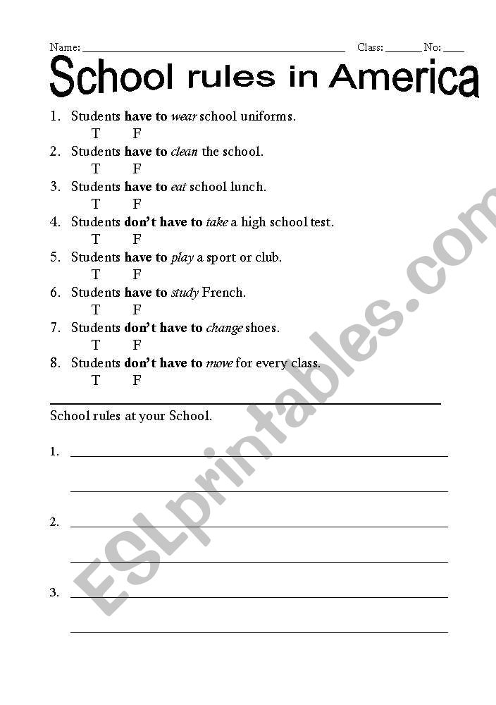School rules in America worksheet