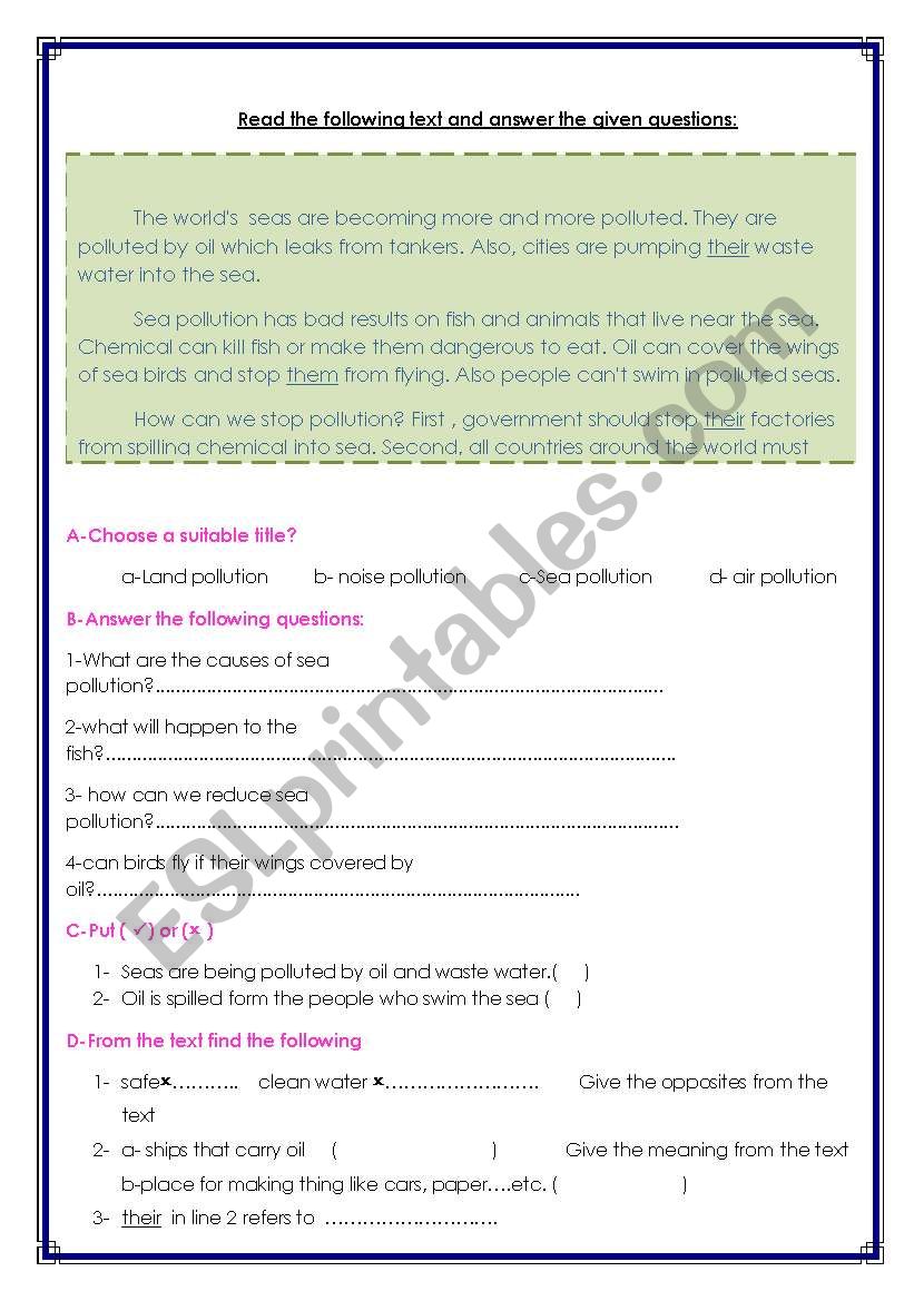 sea pollution worksheet