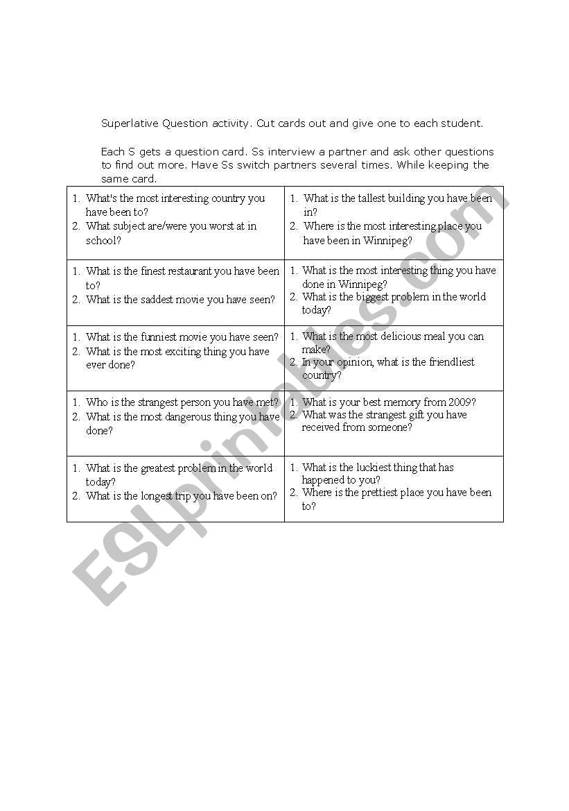 Superlative question cards worksheet