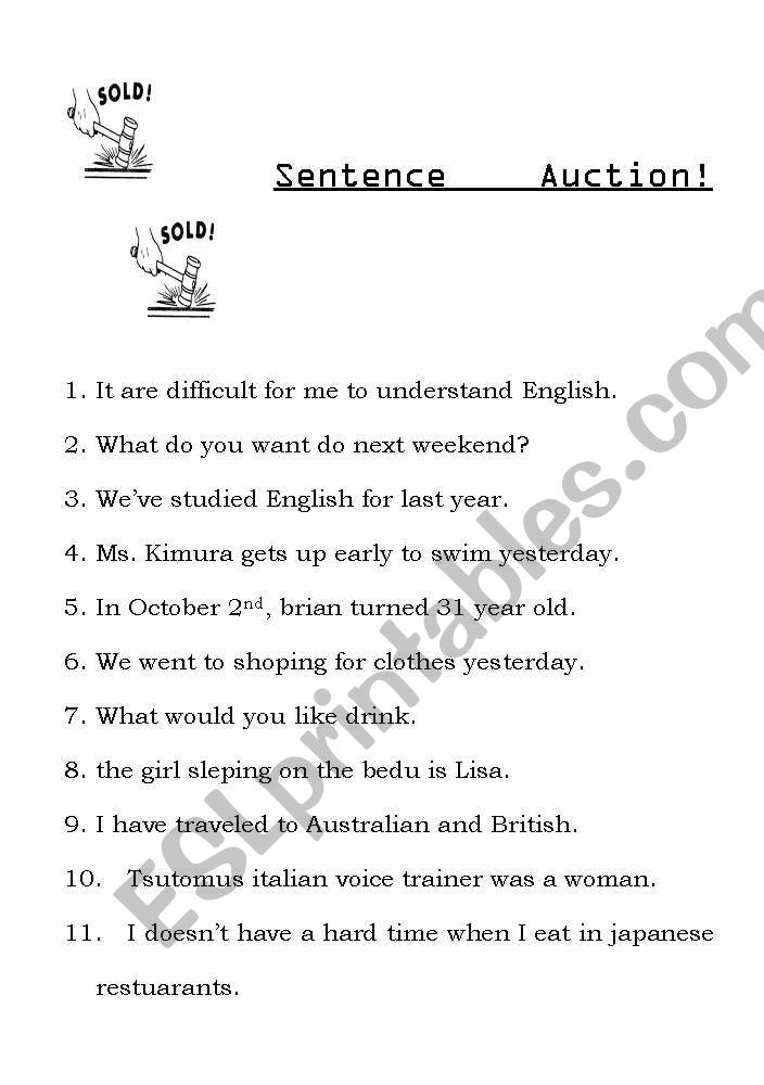 Sentence Auction worksheet