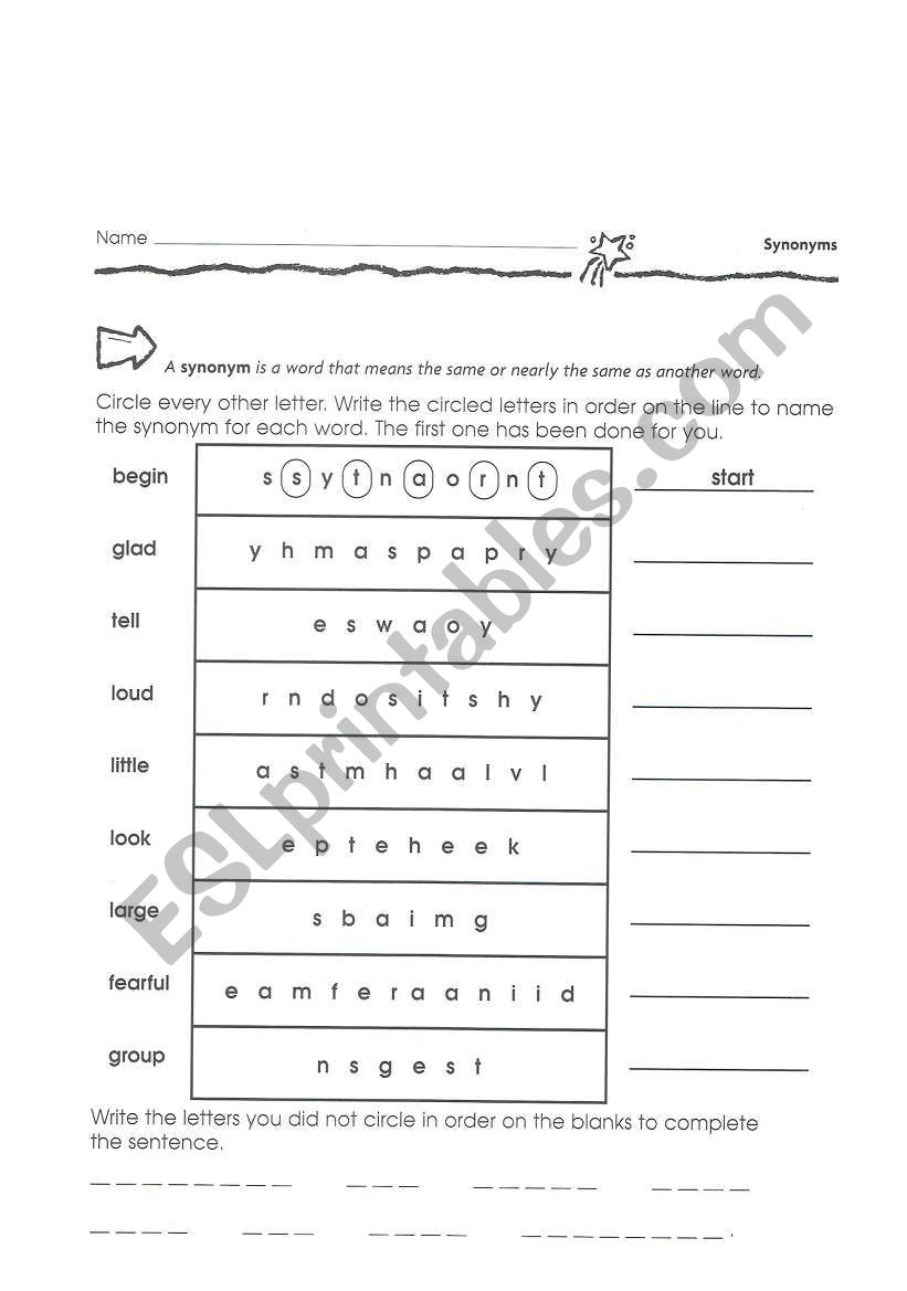 Synonyms worksheet