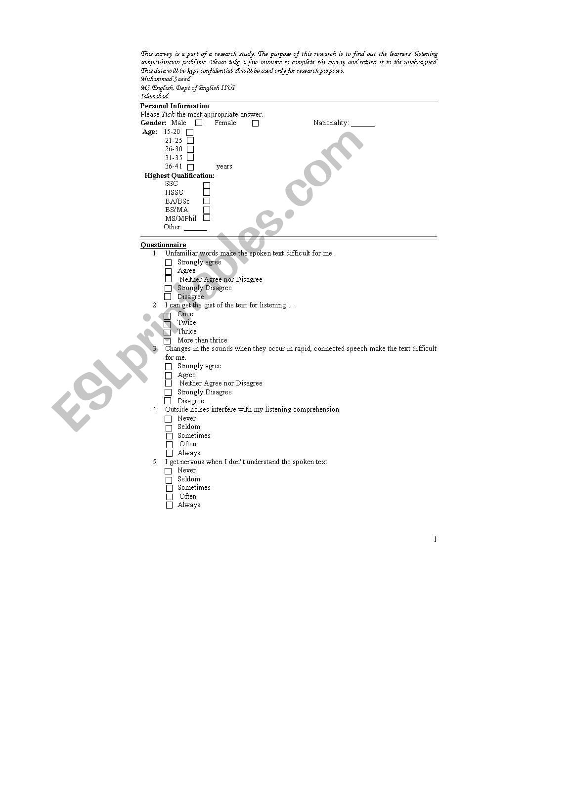 Quetionaire on listining comprehension problems