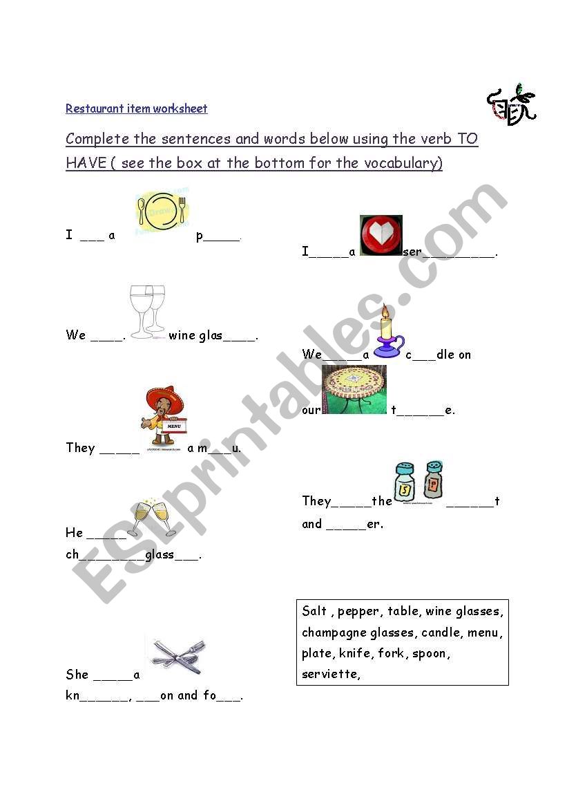 Restaurant worksheet: Verb: to have