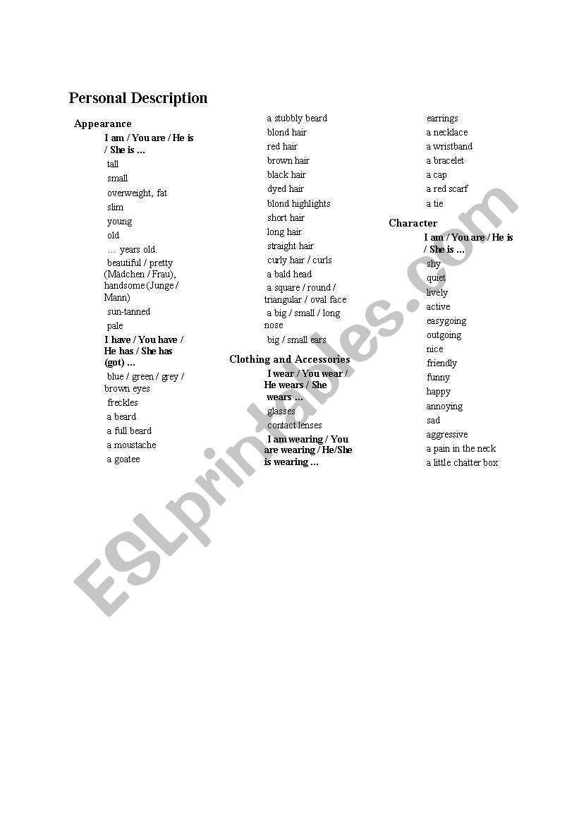 personal descritpion worksheet
