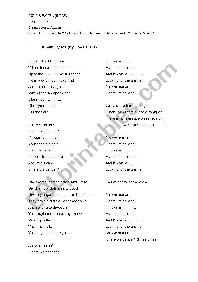 human by the killers worksheet