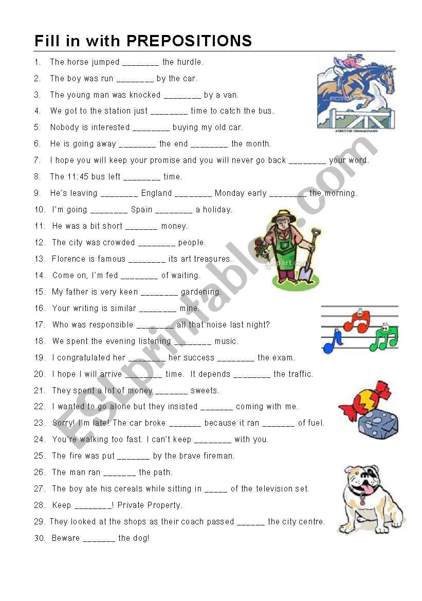 Fill in with Prepositions worksheet