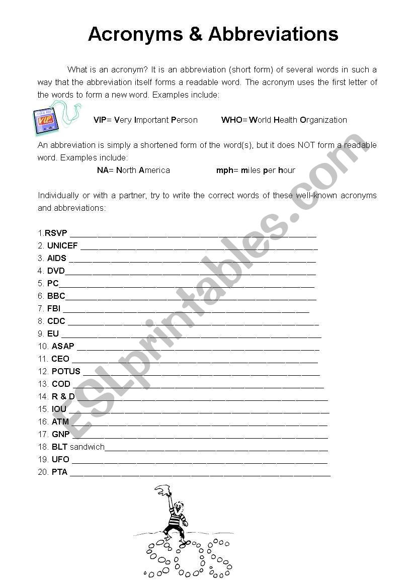 Acronyms and Abbreviations worksheet