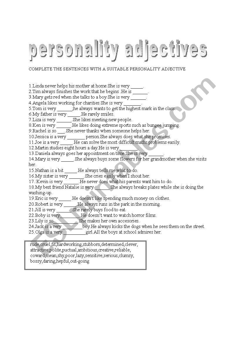 personality adjectives worksheet