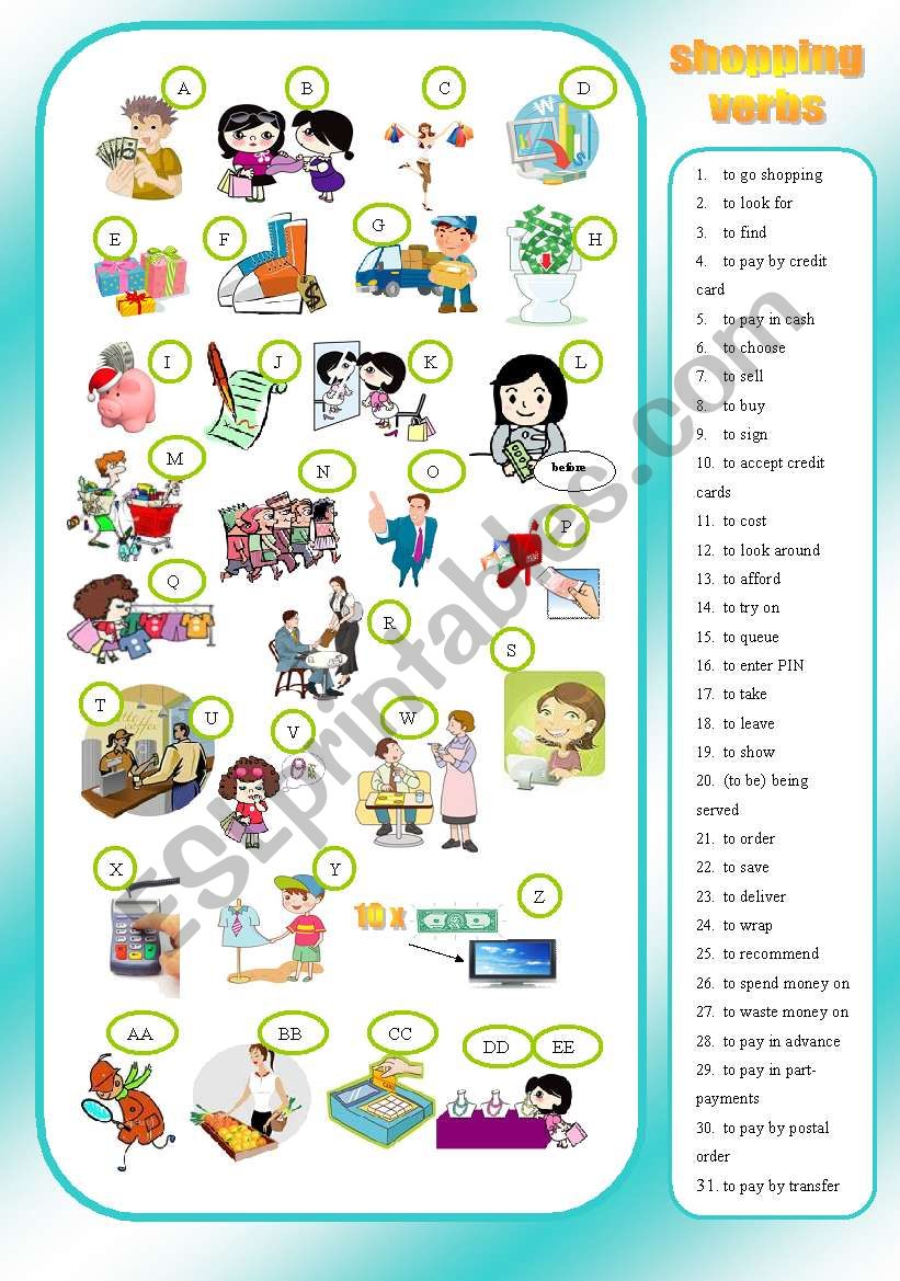 SHOPPING - verbs - matching worksheet