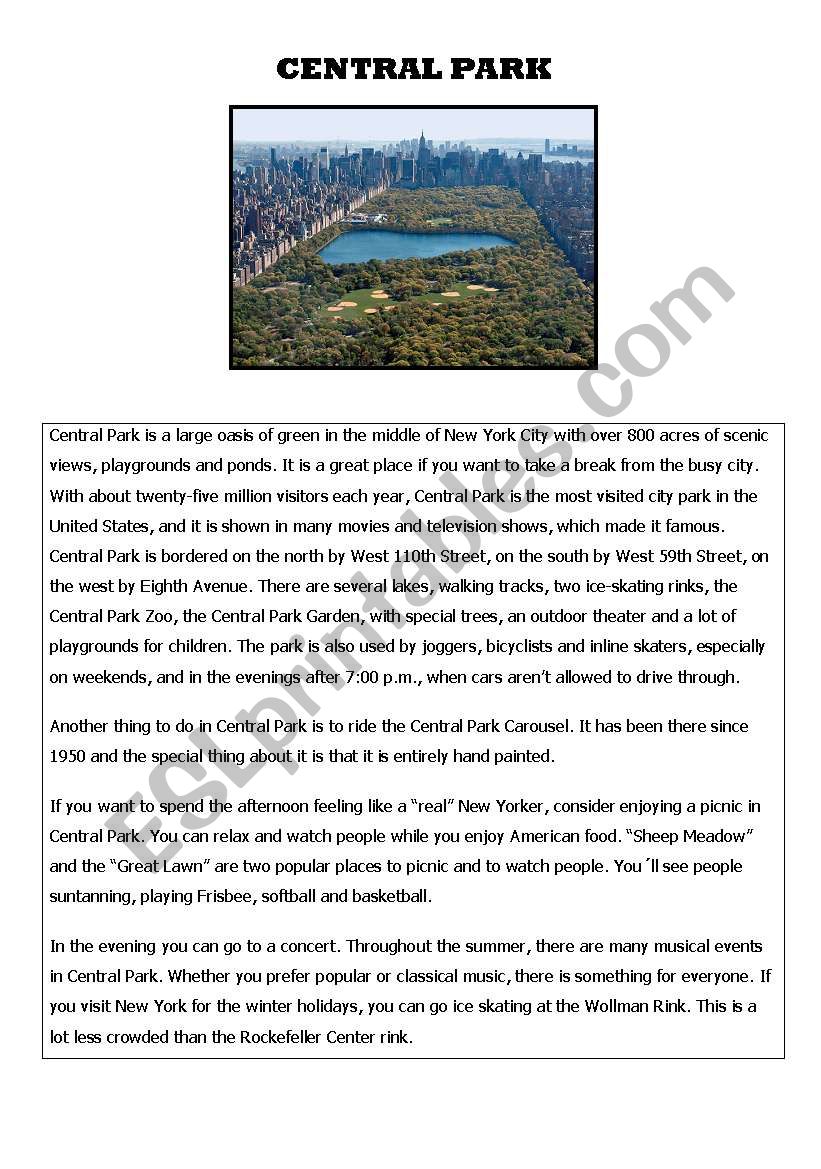 New York City sightseeing worksheet