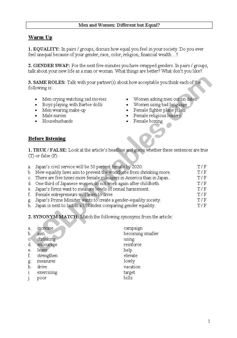 Equality men women worksheet