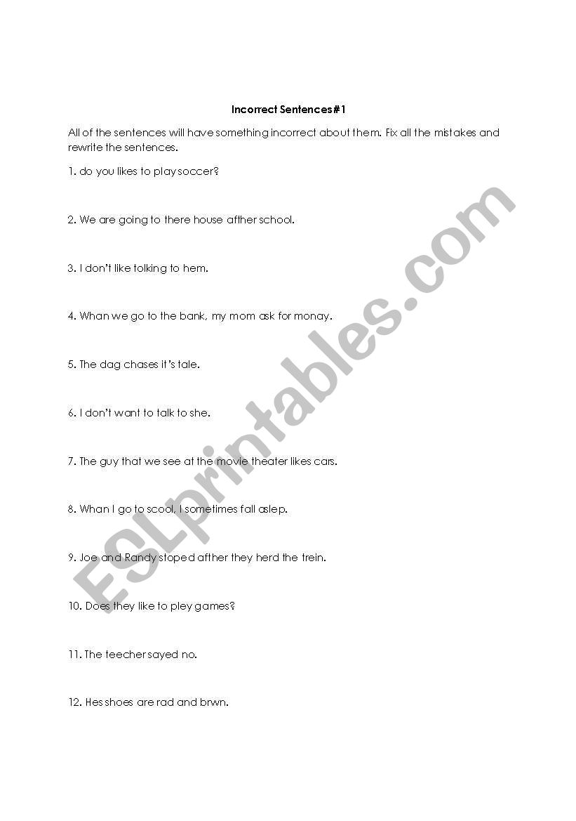 Incorrect Sentences #1 worksheet