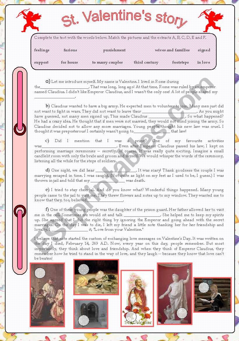 St.Valentines story worksheet