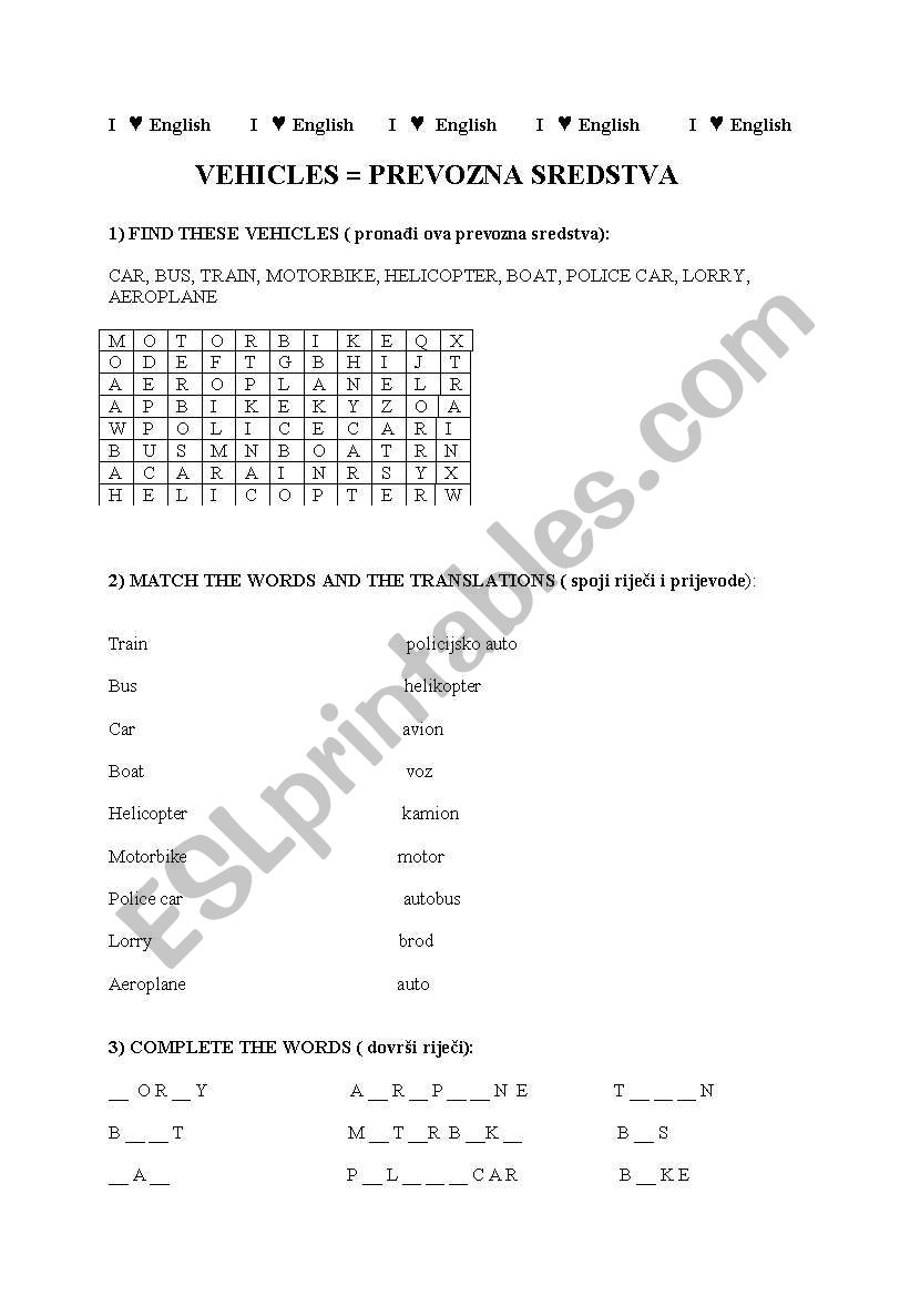 vehicles worksheet