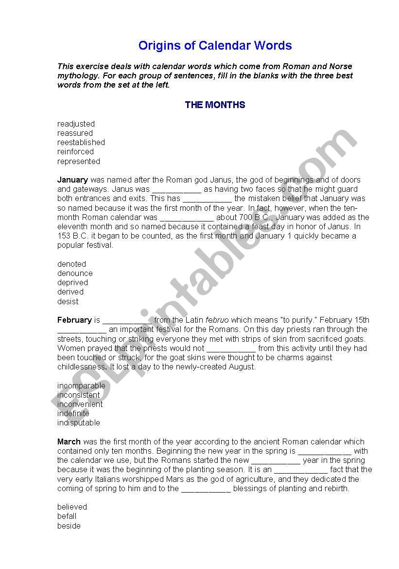 Origin of Calendar Words worksheet