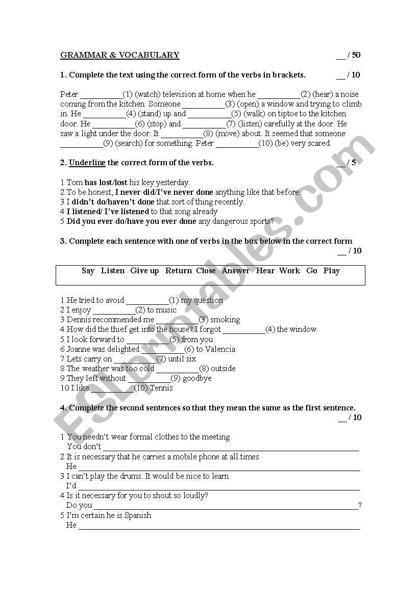 Pre-Intermediate Grammar test worksheet