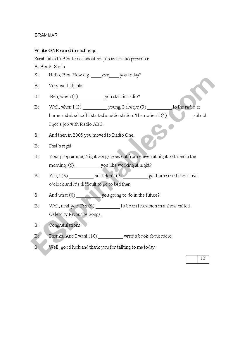 Elementary English test worksheet
