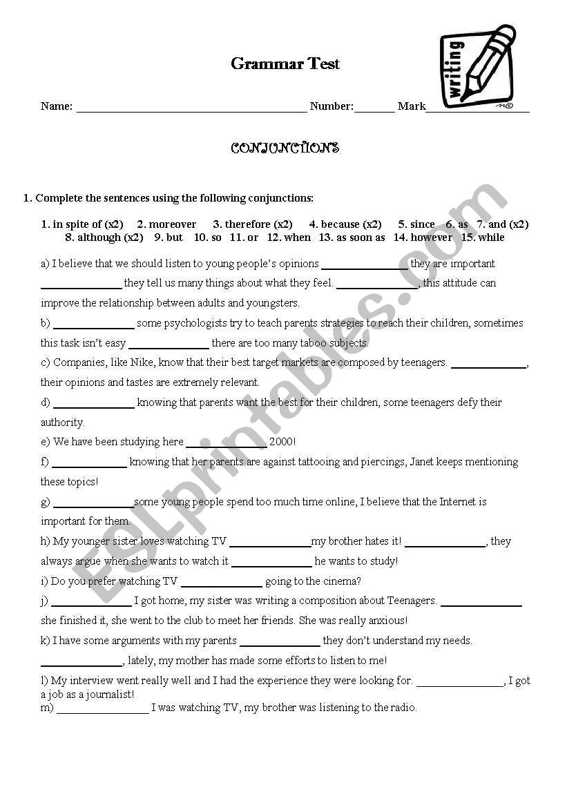 worksheet on conjunctions and clauses of reason