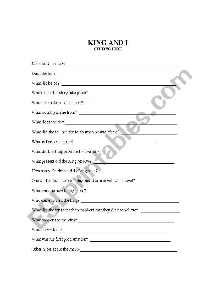 The King and I Study Guide worksheet