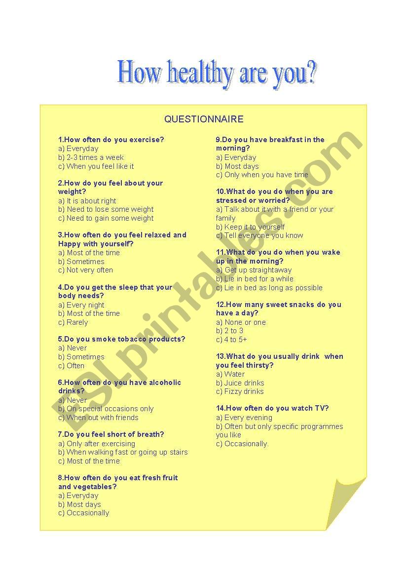 How healthy are you? worksheet