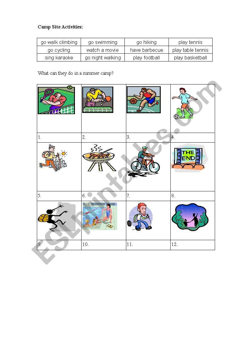 Camp Site activities worksheet