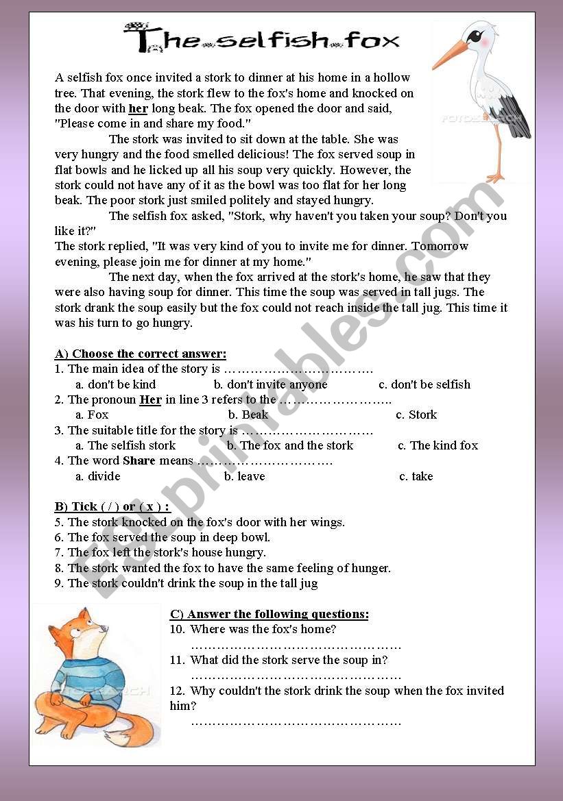 The selfish fox worksheet