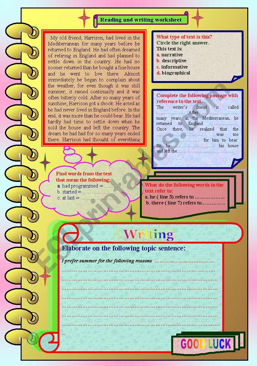 reading and writing worksheet worksheet