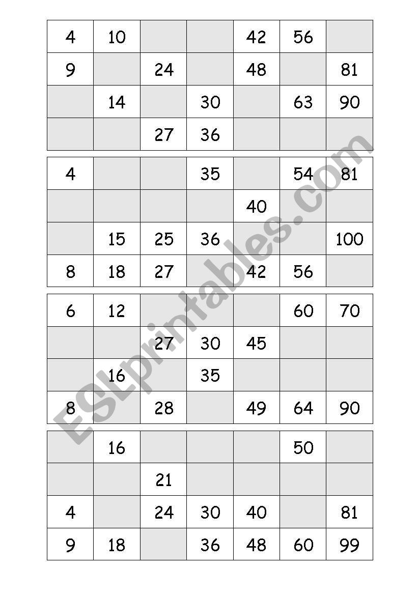 Bingo numbers until 100 worksheet