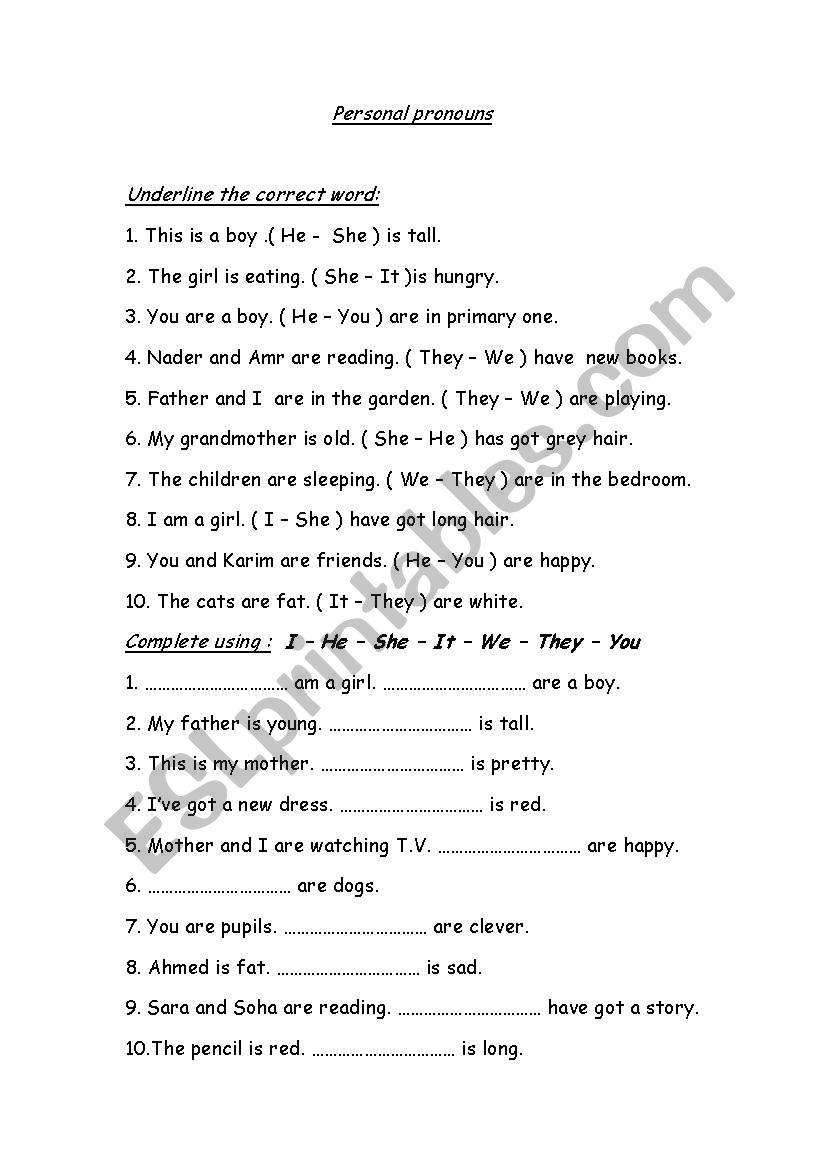 Personal pronouns worksheet