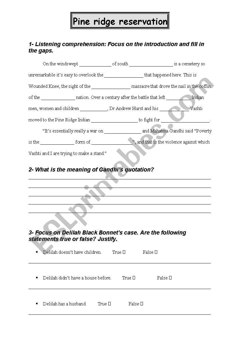 Native American Reservation worksheet