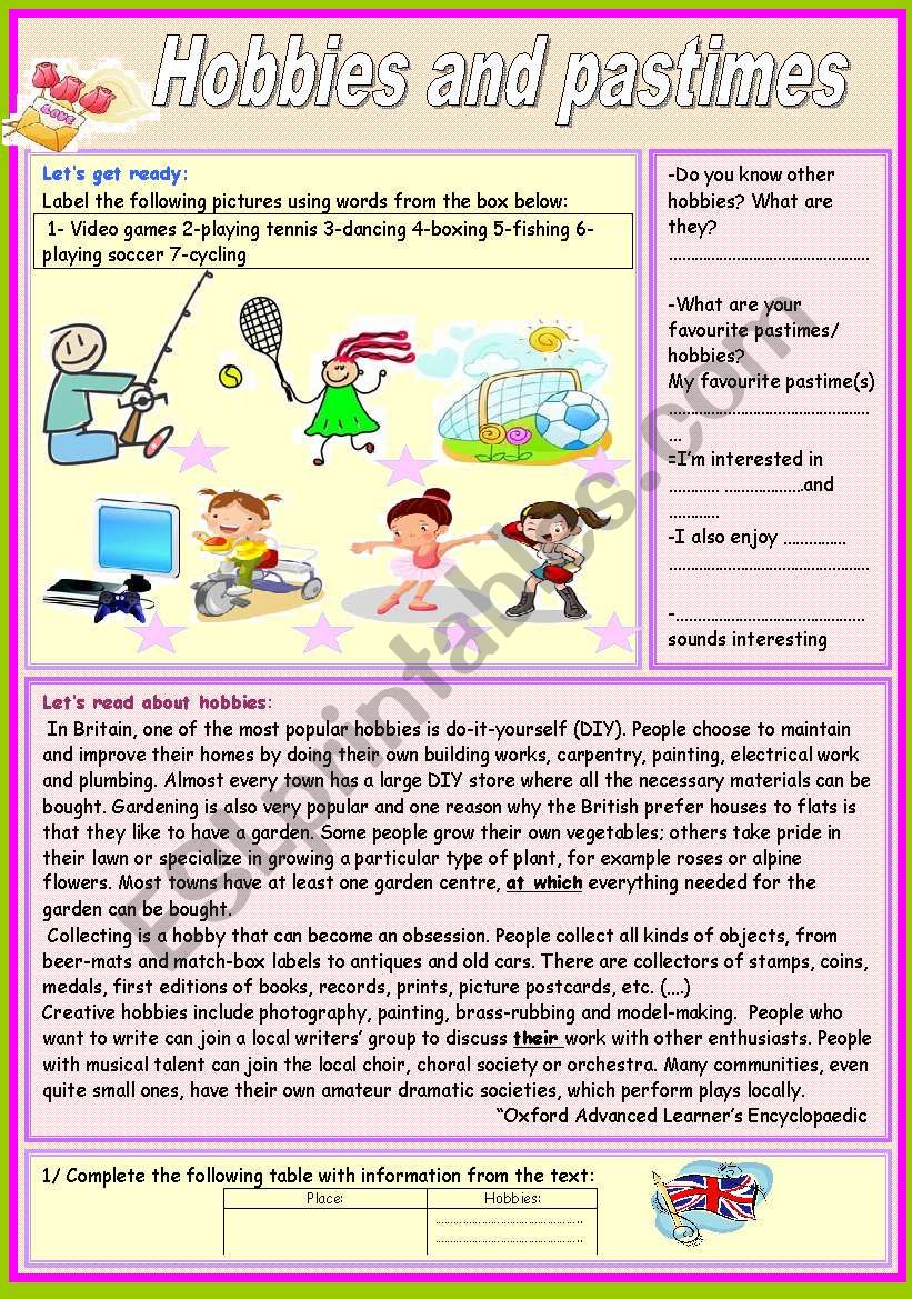 hobbies and pastimes worksheet