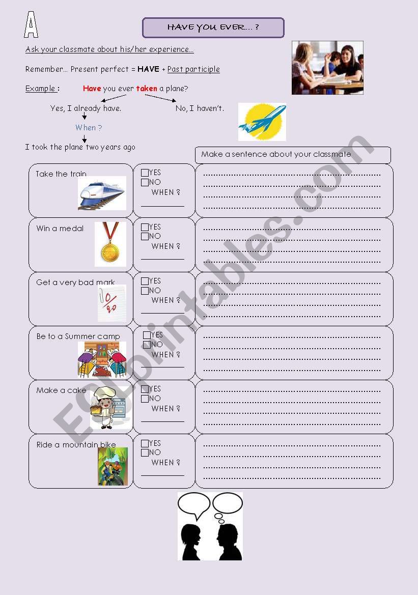 Pairwork : Have you ever... ? worksheet