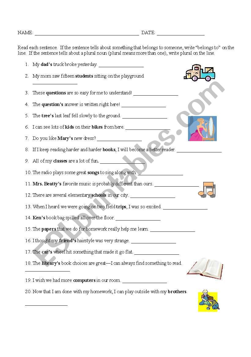 Possessive or plural worksheet