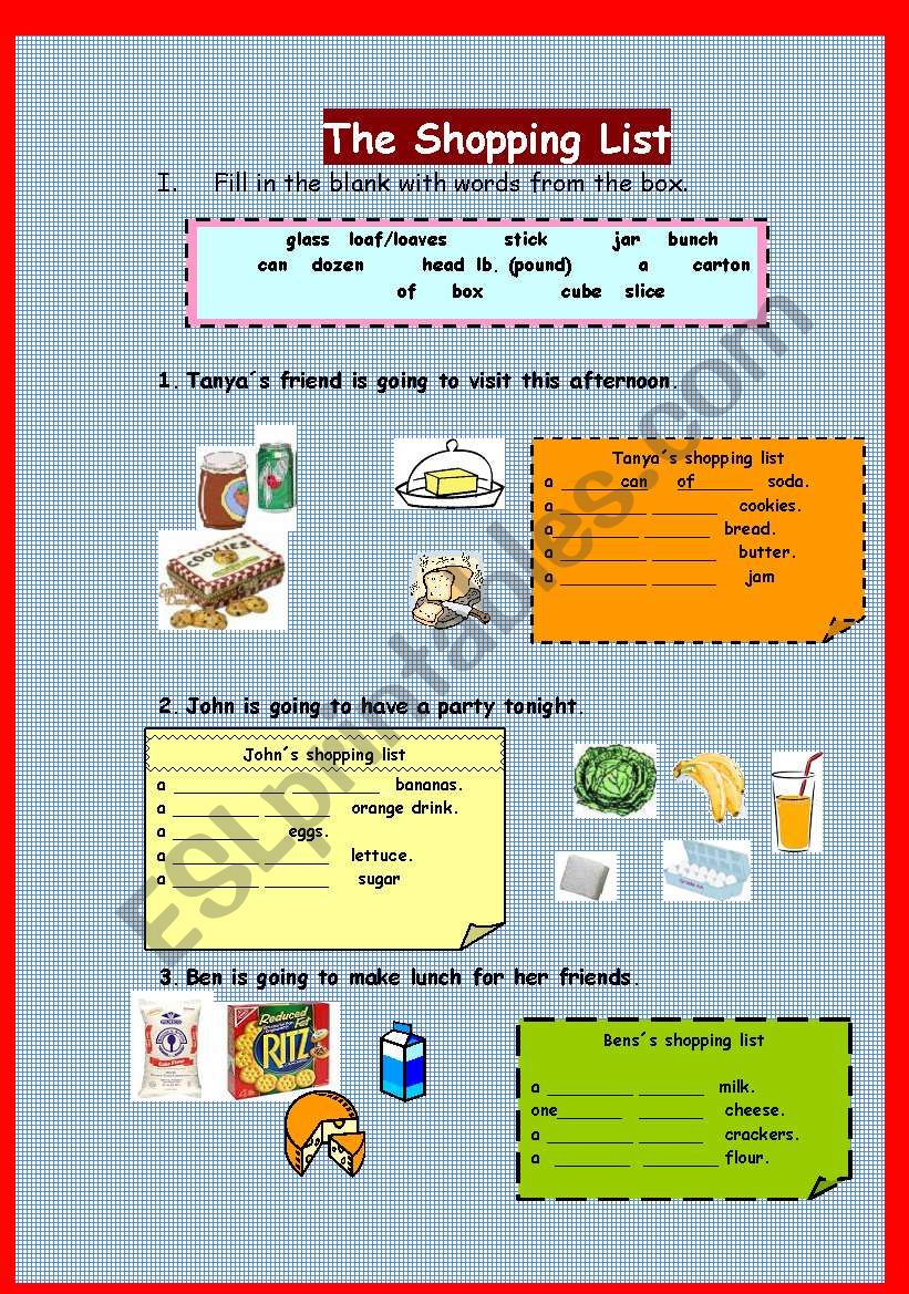 the shopping list worksheet