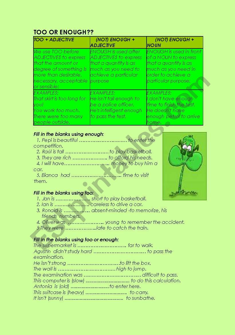 Too or enoguh???? worksheet