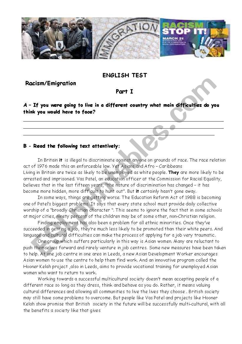 Discrimination/Emigration worksheet