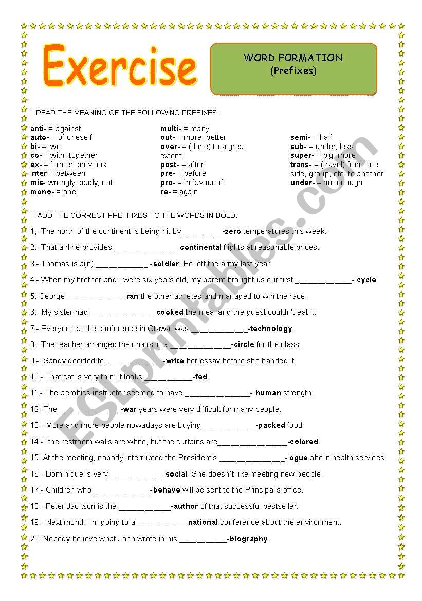 Word Formation (prefixes) worksheet