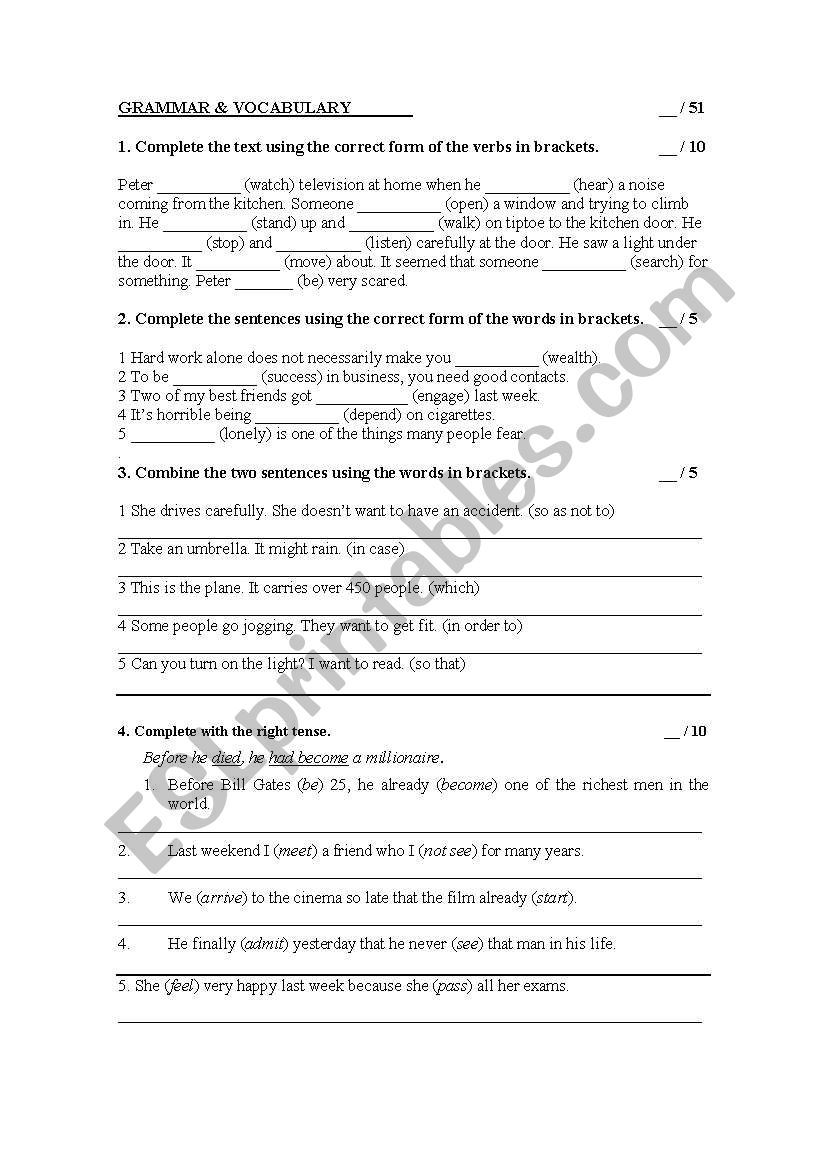 Intermediate Grammar test  worksheet