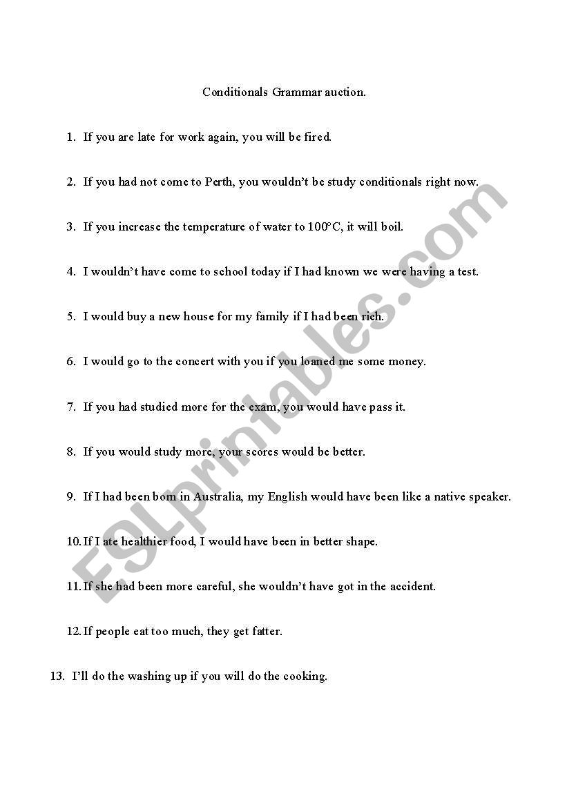 Conditionals Grammar Auction worksheet