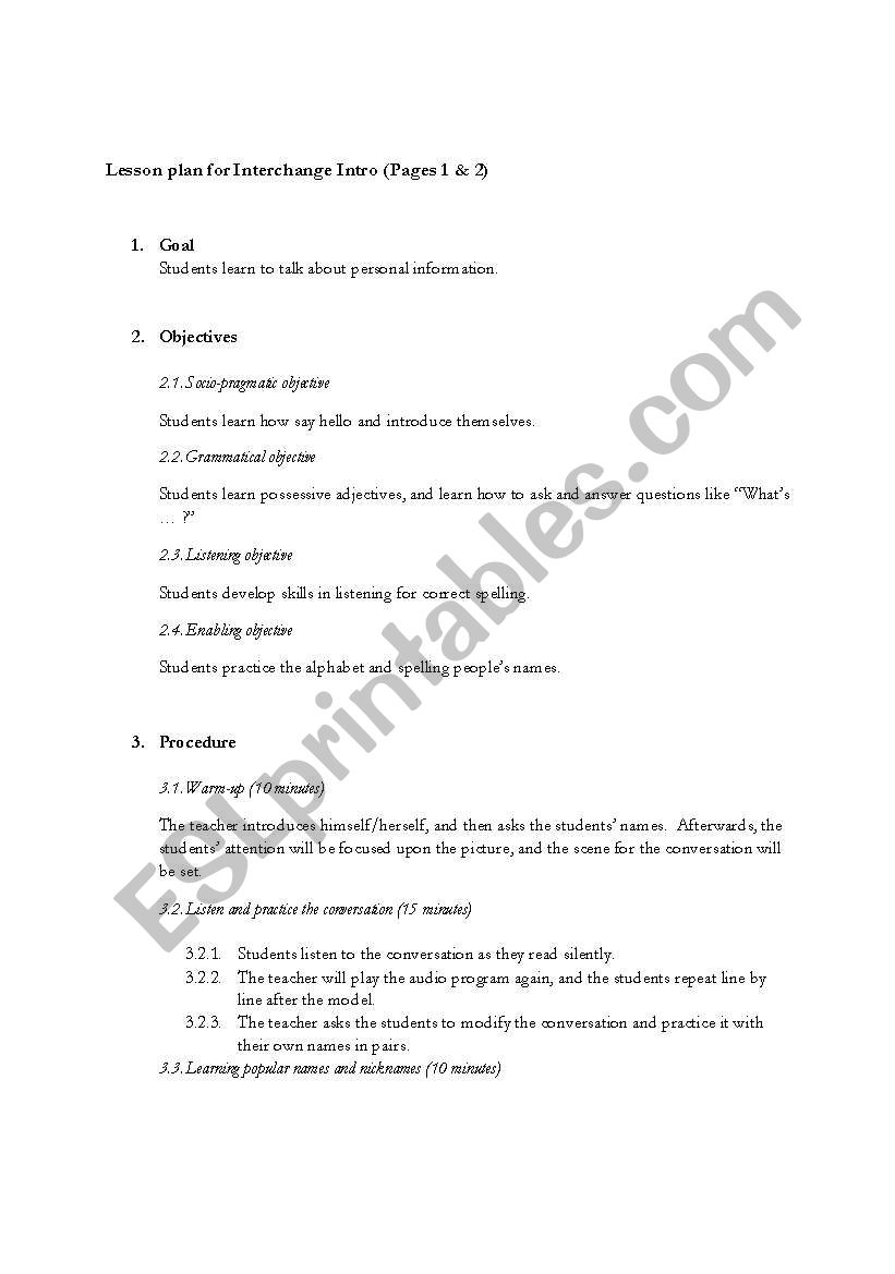 Lesson plan for Interchange Intro (Pages 1 & 2)