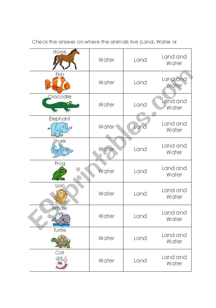 Animals and where they live worksheet