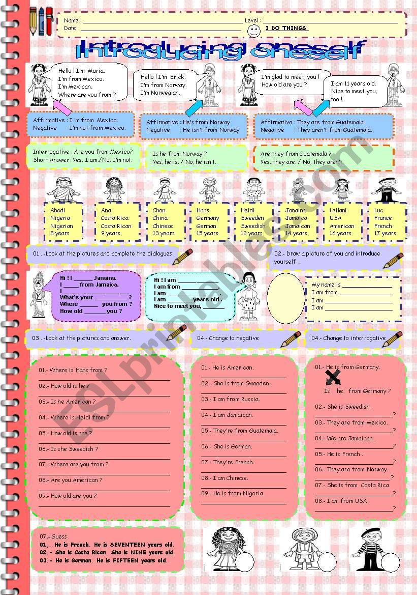 Introducing oneself worksheet