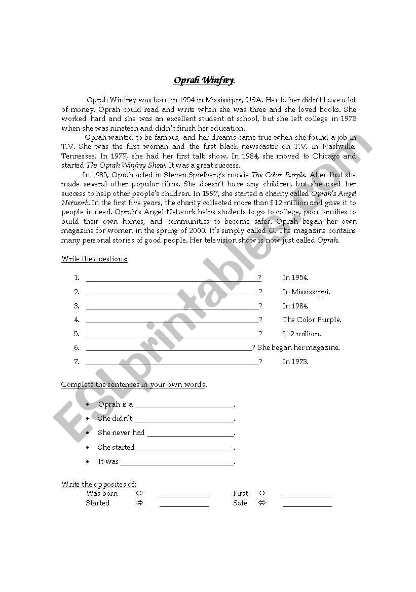 Oprah Winfreys life story worksheet